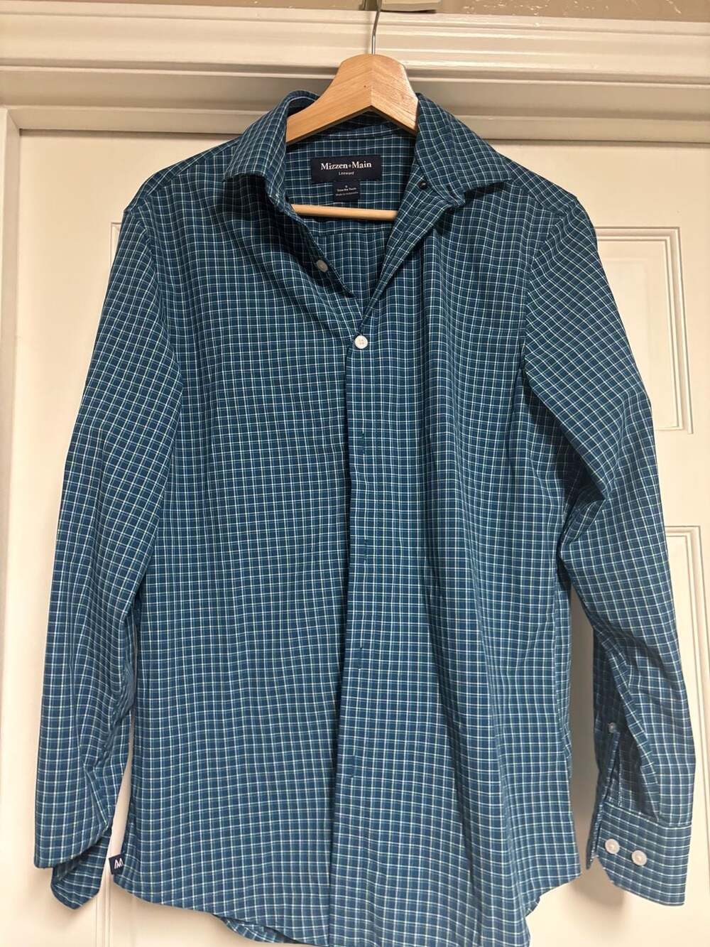 Mizzen+Main Leeward Plaid Dress Shirt Size S Teal Green Long Sleeve